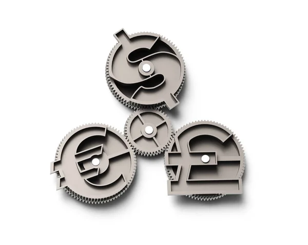 Gears dolar işareti Lirası ve euro simgesi, 3d çizim ile. — Stok fotoğraf