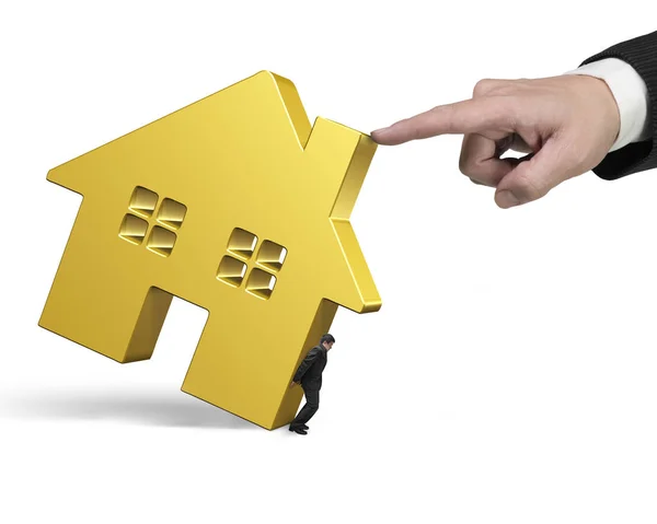 Man holding golden house with another hand pushing — Stock Photo, Image