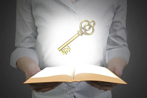 Hands holding open book with golden Euro symbol — Stock Photo, Image