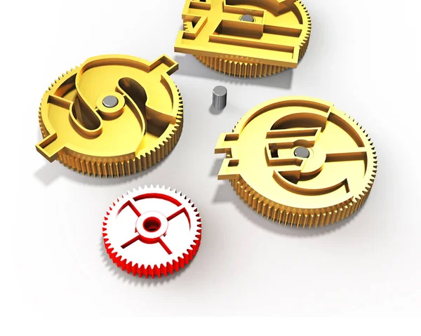 Gears ile altın dolar işareti, pound, euro simgesi, 3d illustrati — Stok fotoğraf