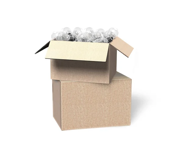 Boîte ouverte en carton avec ampoules, illustration 3D — Photo