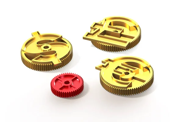 Koła zębate ze złotego dolara, funta, euro symbol, 3d ilustracji — Zdjęcie stockowe