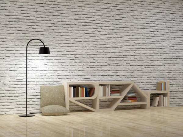 Lampada da terra con libreria su parete in mattoni di legno — Foto Stock