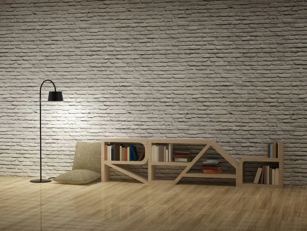 Επιδαπέδιο φωτιστικό με βιβλιοθήκη στον τοίχο τούβλα ξύλινο πάτωμα — Φωτογραφία Αρχείου