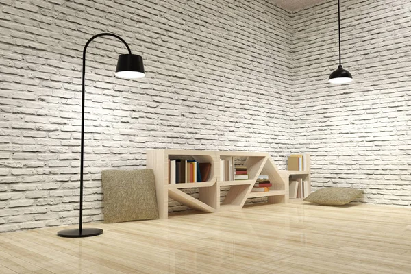Lampade con libreria su pavimento in legno e parete in mattoni — Foto Stock