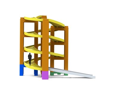 Yığın bloklar halinde bitmemiş sarmal yolda yürüyen adam