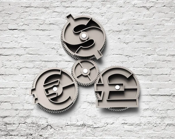 Ingranaggi con simbolo dollaro, sterlina e euro — Foto Stock