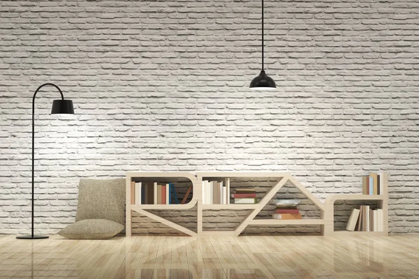 Lámparas con estantería en suelo de madera y pared de ladrillos — Foto de Stock