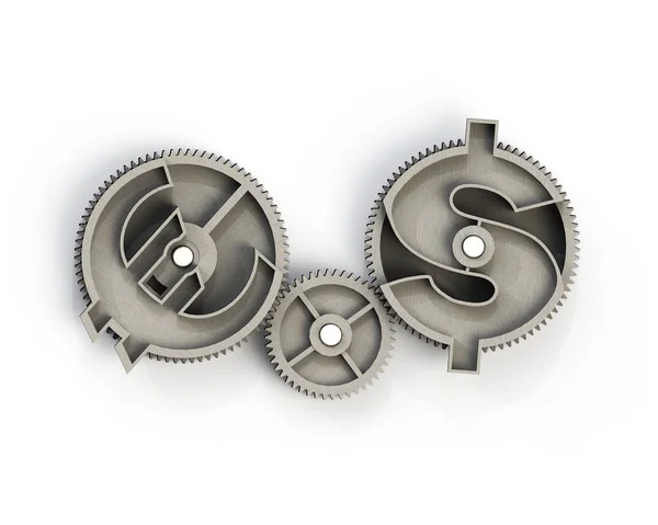 Gears with dollar sign and euro symbol, 3D illustration. — Stock Photo, Image