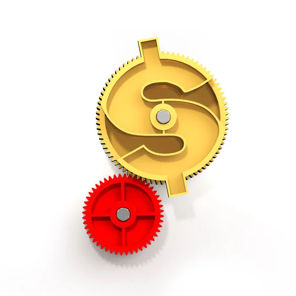 Goldzahnrad mit Dollarsymbol, 3D-Illustration. — Stockfoto