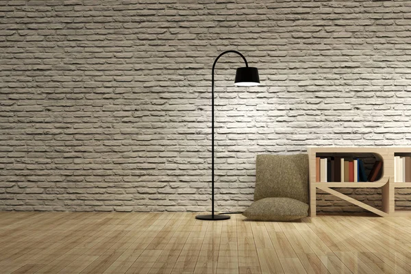 Lampada da terra con libreria su parete in mattoni di legno — Foto Stock