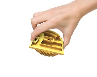 Para birimi simgesi ile altın dişli tutan el