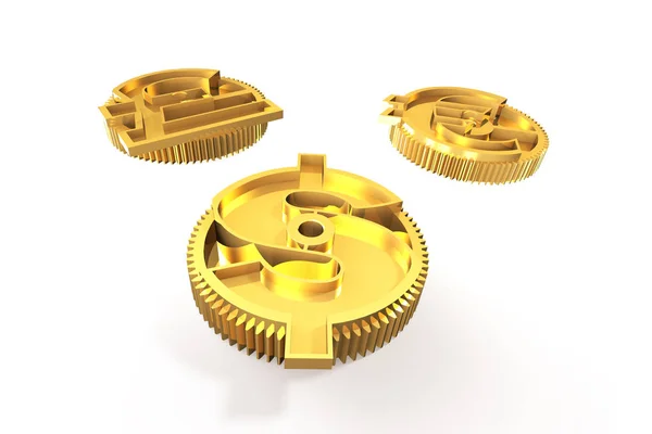 Engranajes con símbolo del dólar de oro, libra, símbolo del euro, ilustraciones 3D — Foto de Stock