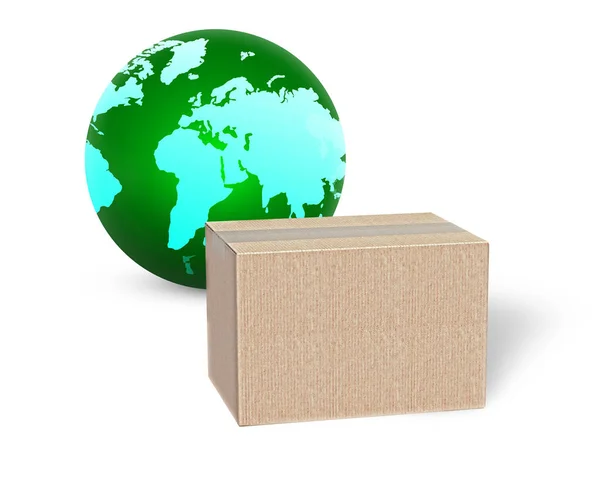 纸板盒和绿色地球仪, 3d 插图 — 图库照片
