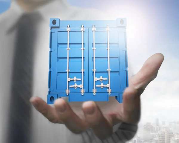 Businessman hand holding 3d blue cargo container — Stock Photo, Image