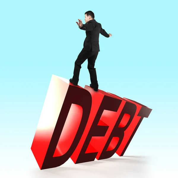 Man balancing on 3D red DEBT word falling. — Stock Photo, Image