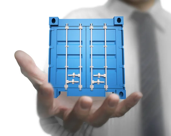 Affärsman handen håller 3d blå Last container — Stockfoto