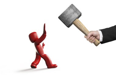 El çekiç attackg 3d korkan adam geri adım attı