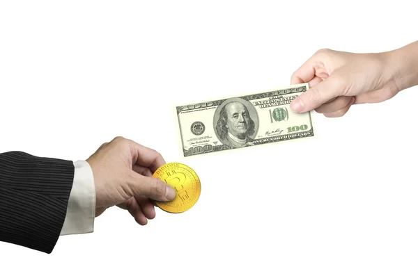 Hands holding dollar bill and bitcoin for money exchange — Stock Photo, Image