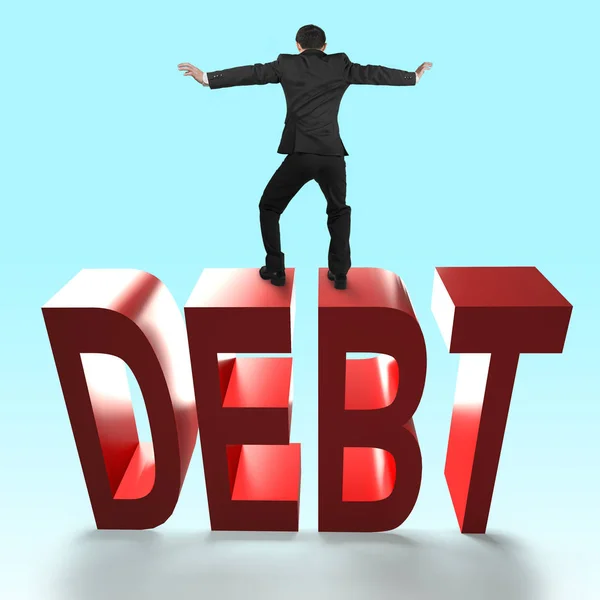 Hombre equilibrando en 3D palabra roja DEBT cayendo . — Foto de Stock