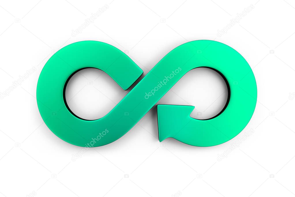 Circular economy concept. Green arrow infinity symbol, isolated on white background, 3D illustration.