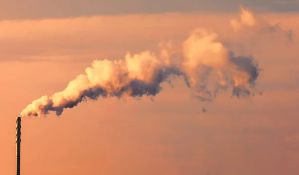 Verontreiniging Wolken Komen Uit Een Industriële Schoorsteen Bij Zonsondergang — Stockfoto