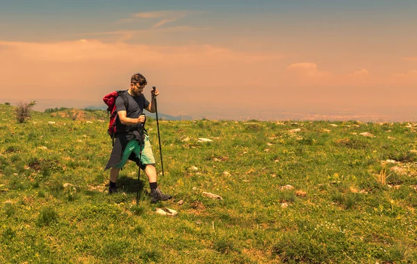 Uomo Escursioni nel verde delle montagne — Foto Stock
