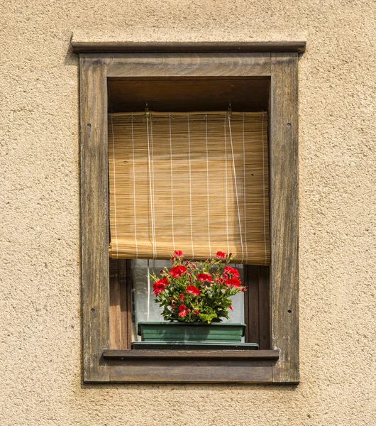 Immagine Una Bella Finestra Con Persiane Legno Fiori Rossi — Foto Stock