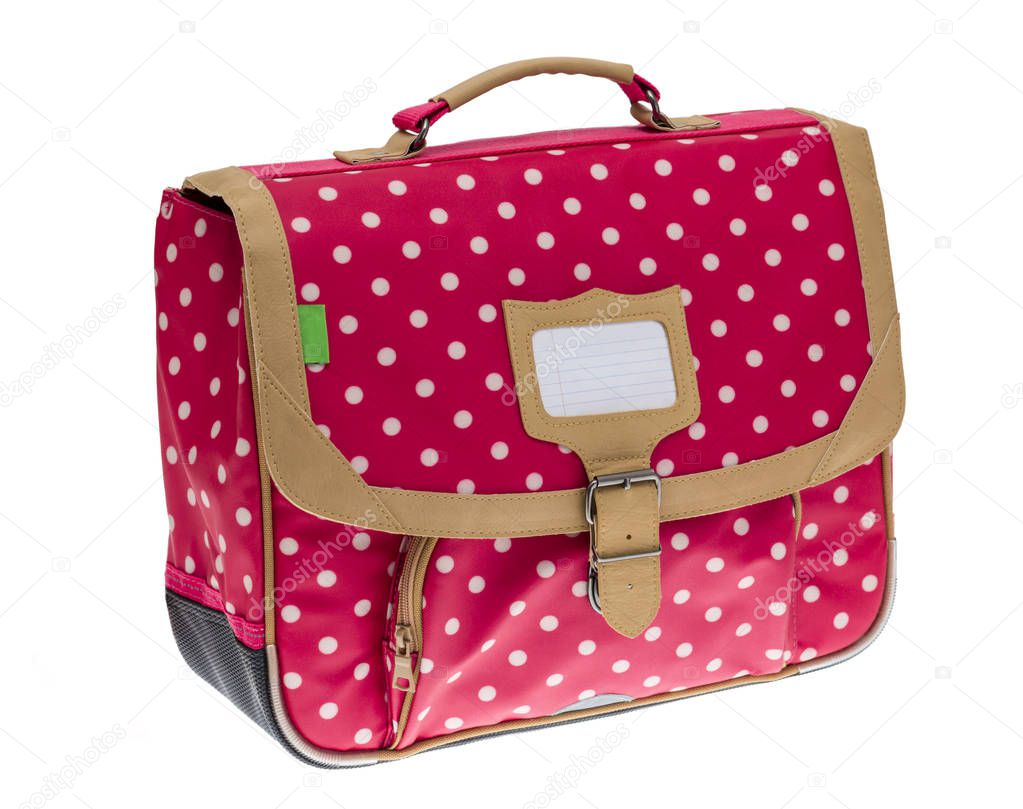 Fancy red schoolbag with white dots isolated against a white background.