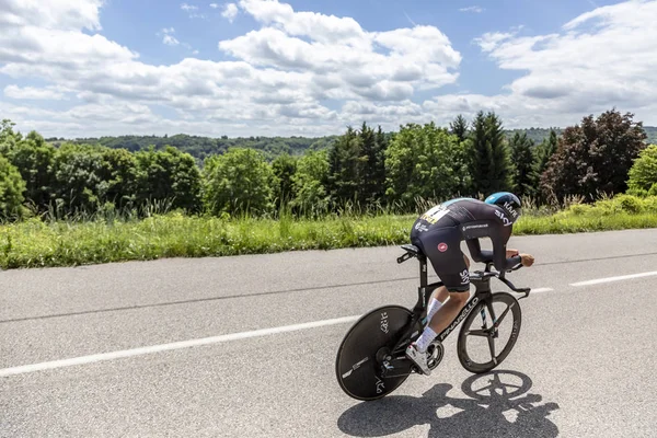シャモニー モンブラン フランス 2017年 ウェールズ サイクリストのクリテリウム ドフィネ 2017 時間試用段階 で乗ってチーム — ストック写真