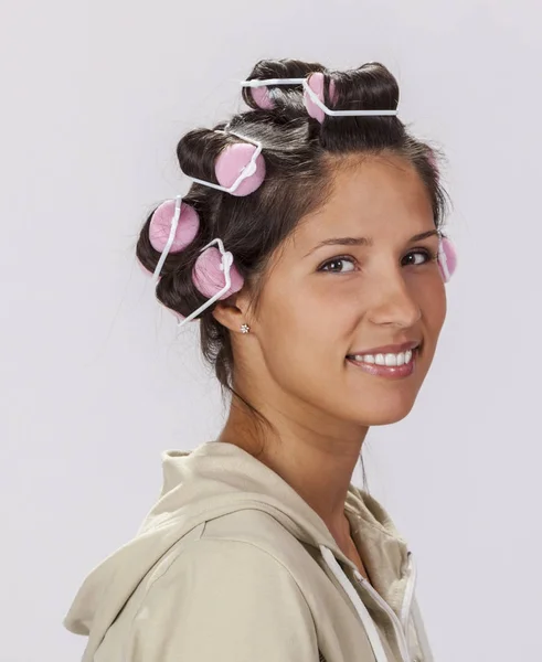 Portrait Young Smiling Brunette Curlers — Stock Photo, Image