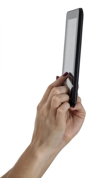 手触摸智能手机的显示屏 与白色背景隔离 — 图库照片