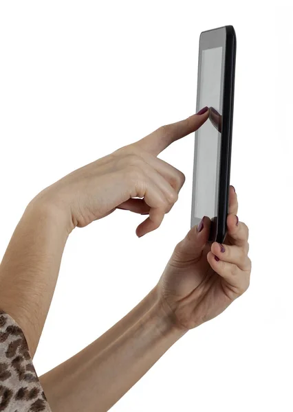 手触摸智能手机的显示屏 与白色背景隔离 — 图库照片