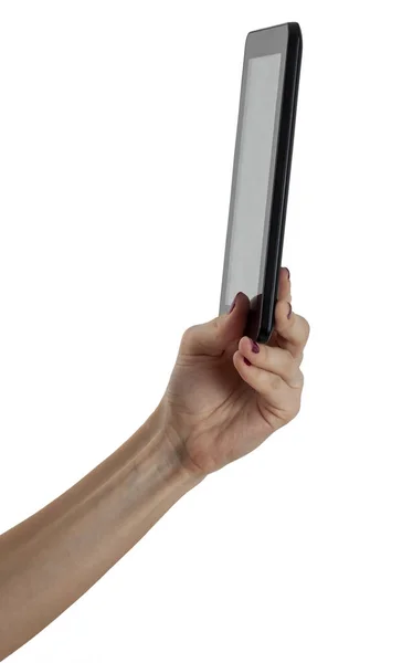 手持数码平板电脑的手在白色背景下被隔离的图像 — 图库照片