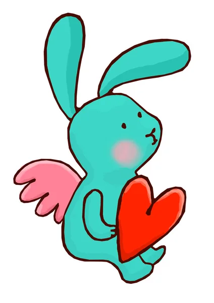 Das Kaninchen gratuliert zum Valentinstag und hält ein rotes Herz in der Hand — Stockfoto