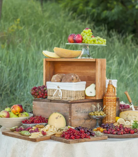 Käse Und Früchte Auf Einem Wunderschön Dekorierten Tisch lizenzfreie Stockbilder