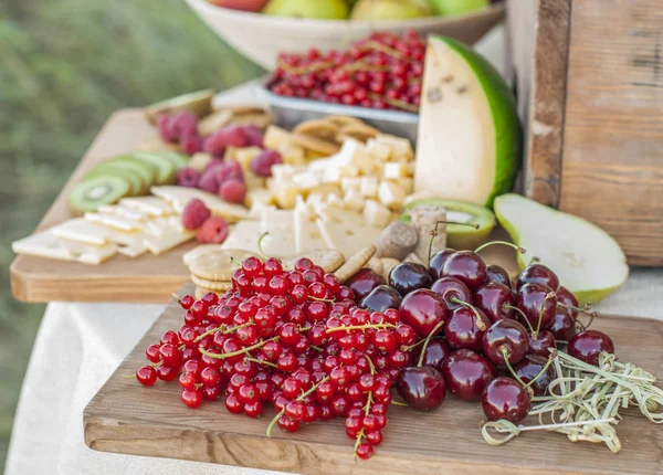 Käse Und Früchte Auf Einem Wunderschön Dekorierten Tisch lizenzfreie Stockfotos