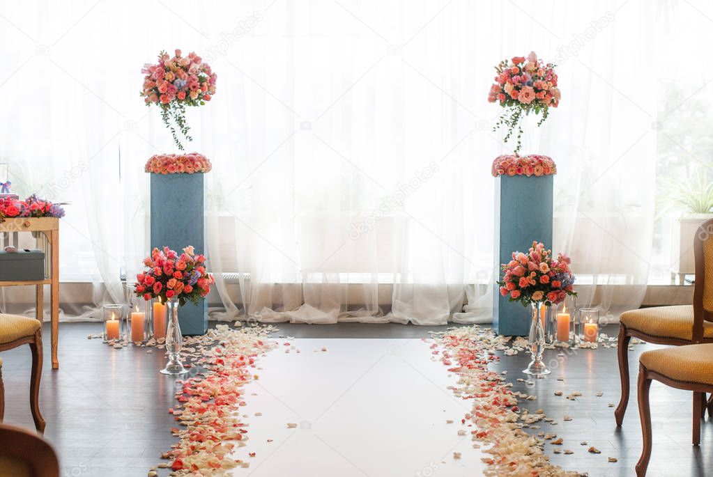Beautiful wedding ceremony design decoration elements with arch,