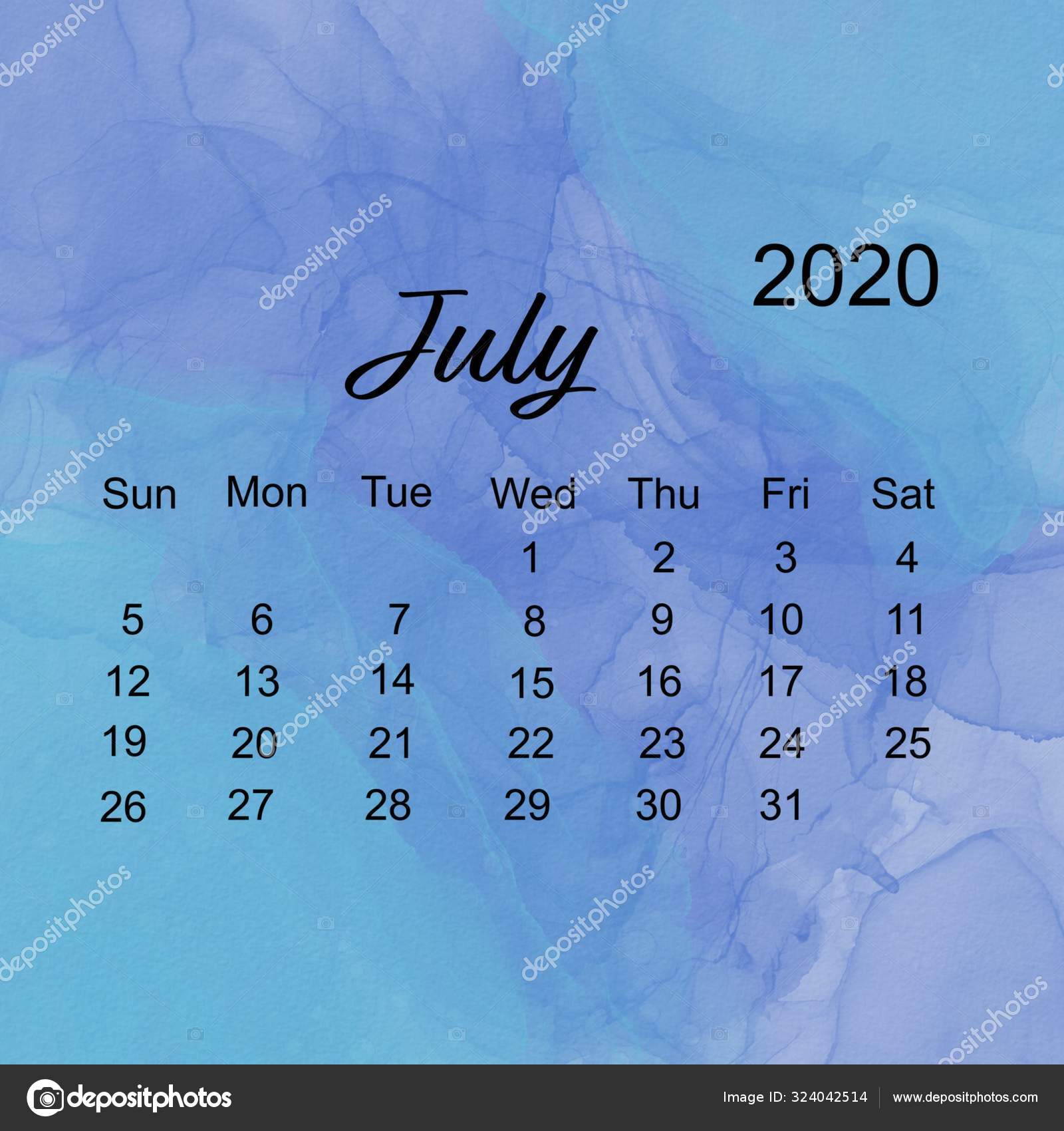 7月 年的简单日历布局 周开始于周日 蓝色水彩画背景 图库照片 C Melking 7月 年的简单日历布局 周开始于周日 蓝色水彩画背景 图库照片 C Melking