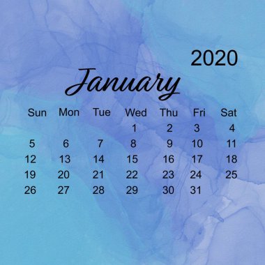 Ocak - 2020 Haftasının Basit Takvim Planı Pazar günü Mavi Su Arkaplanı ile başlıyor