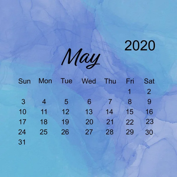 May - Simple calendar layout for 2020 the Week starts on Sunday with Blue Water color Background