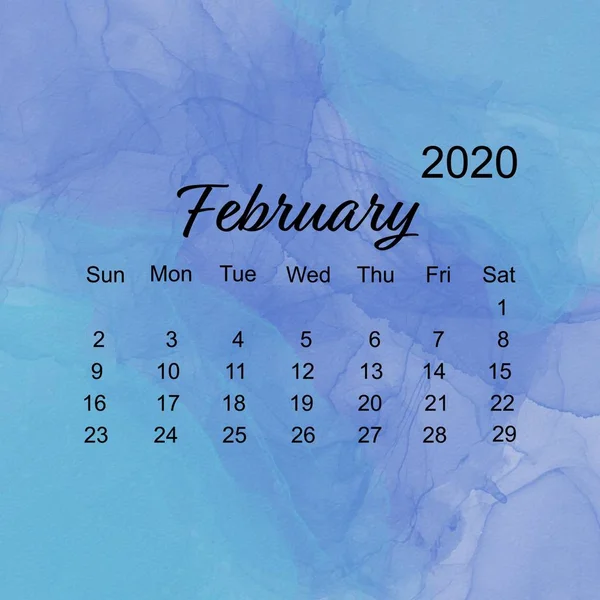 February - Simple calendar layout for 2020 the Week starts on Sunday with Blue Water color Background