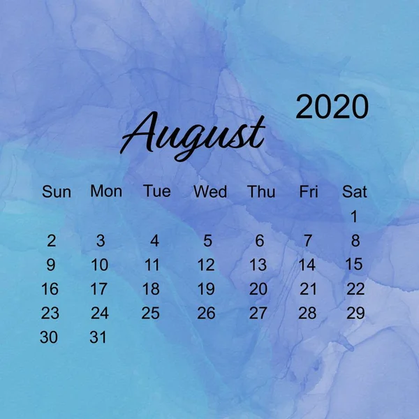 August - Simple calendar layout for 2020 the Week starts on Sunday with Blue Water color Background