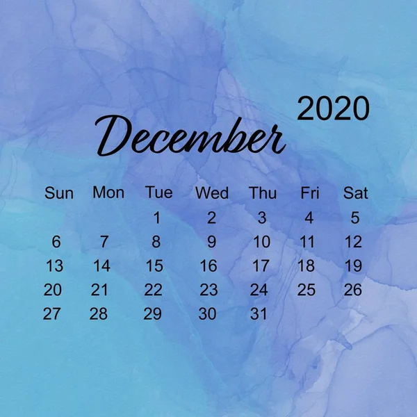 December - Simple calendar layout for 2020 the Week starts on Sunday with Blue Water color Background