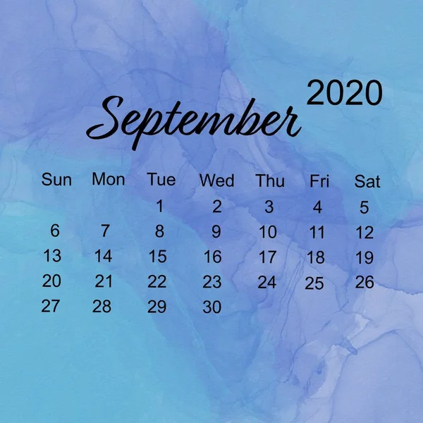 September - Simple calendar layout for 2020 the Week starts on Sunday with Blue Water color Background