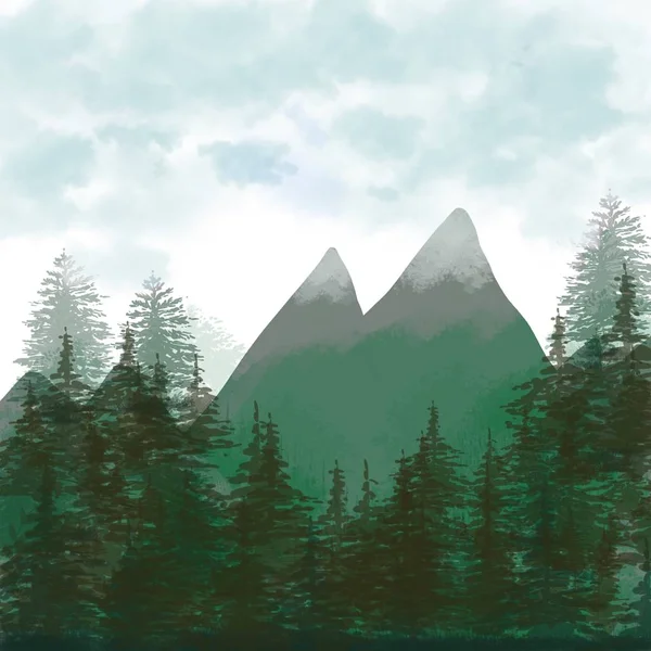 Forest background, mountain landscape. tree firs with blue sky. Watercolor Painting style. — 스톡 사진