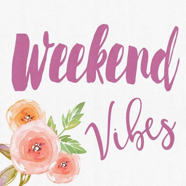 Quote - weekend vibes in pink letters with flowers — Stock Photo, Image