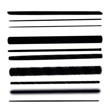 Elle çizilmiş çeşitli fırça darbeleri. Yaratıcı siyah ince boya fırça çizgileri, beyaz arka planda izole edilmiş..