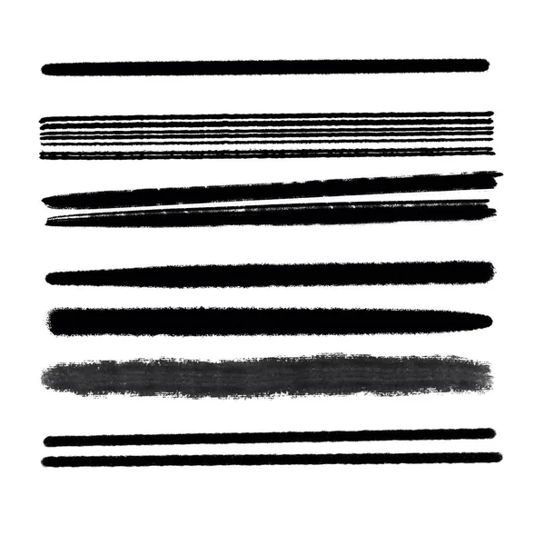 Hand drawn various shapes brush strokes. Creative black thin paint brush lines, isolated on white background. — 스톡 사진