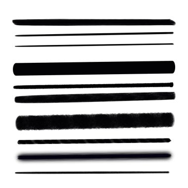 Elle çizilmiş çeşitli fırça darbeleri. Yaratıcı siyah ince boya fırça çizgileri, beyaz arka planda izole edilmiş..